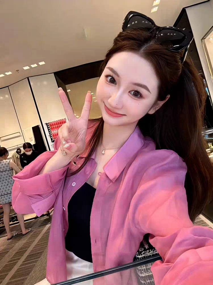 粉色翻領長袖襯衫女2024夏季新款設計感小眾漂亮減齡百搭防曬襯衣