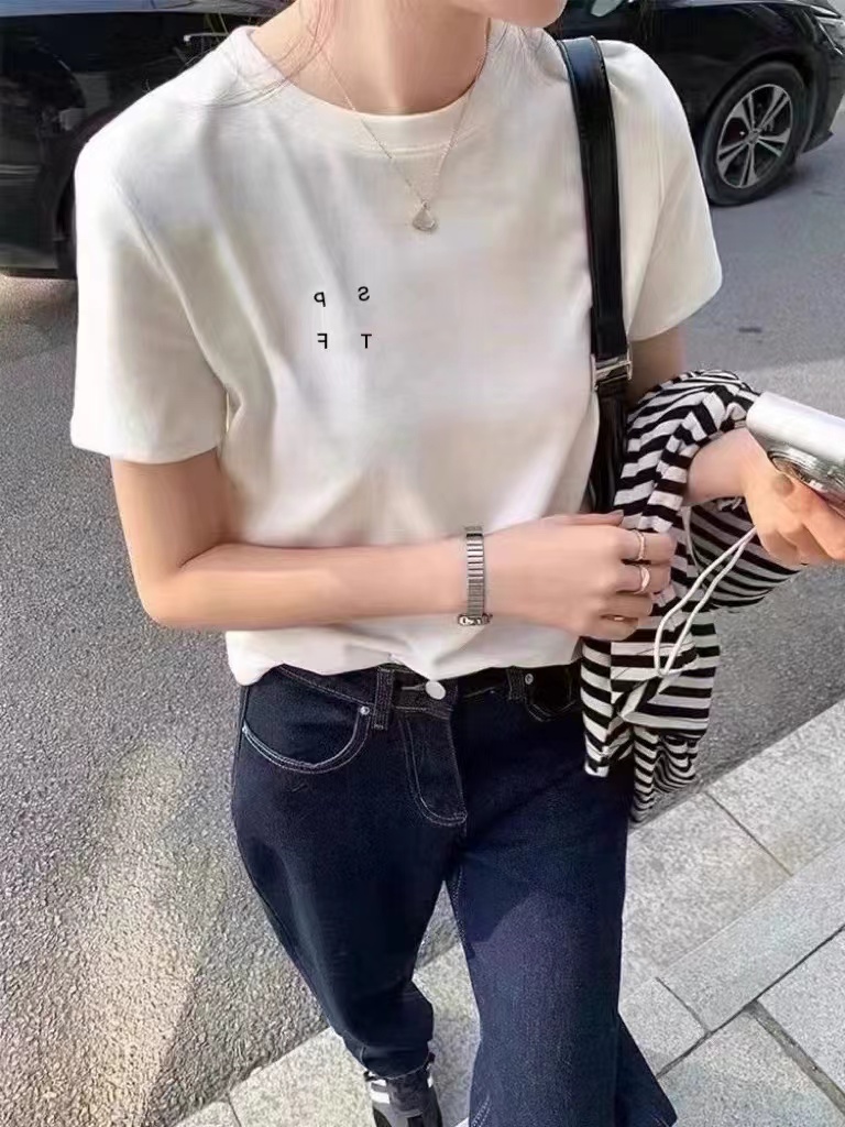 歐貨簡約百搭字母刺繡短袖T恤女2024春夏新款內搭打底衫體恤上衣