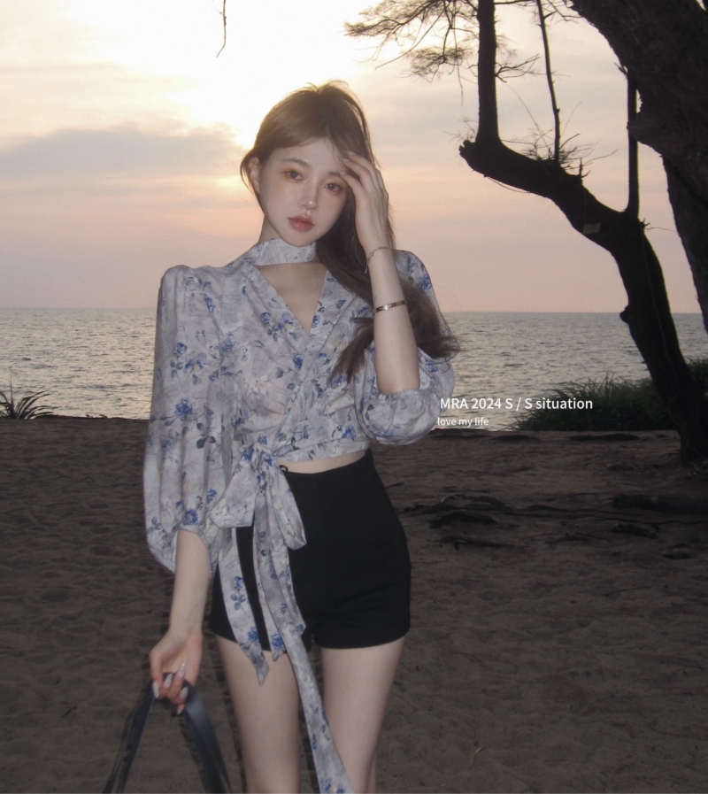 實拍 繁華少女 泡泡袖短款襯衫上衣女