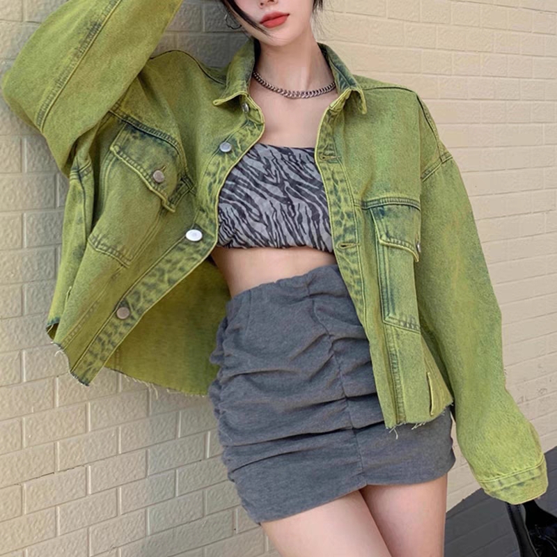 綠色牛仔外套女春秋港風復古工裝夾克設計感小眾寬鬆短款長袖上衣