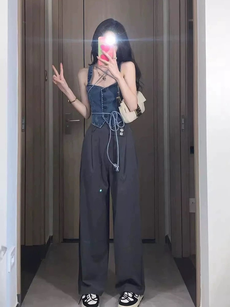 夏裝搭配一整套可鹽可甜純欲炸街辣妹牛仔吊帶上衣闊腿褲兩件套裝