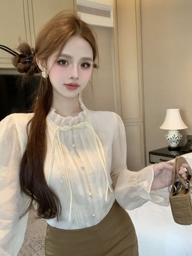 實拍 春季時尚長袖襯衫女士新中式國風上衣別致減齡洋氣小衫
