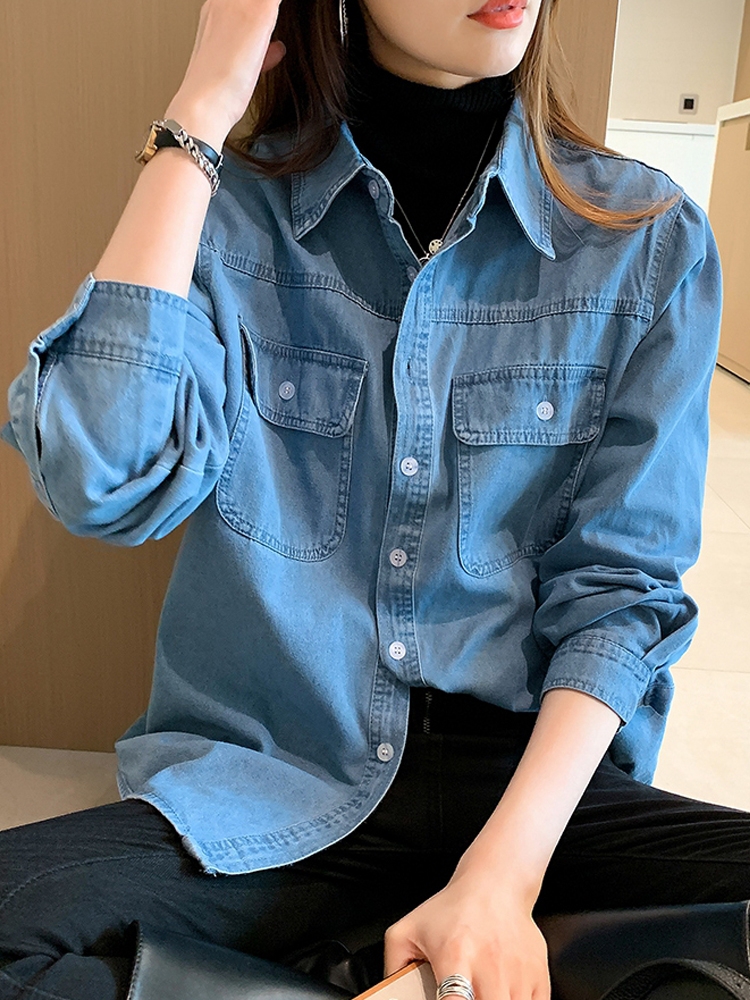 復古港風牛仔襯衫女寬鬆設計感小眾上衣疊穿百搭翻領長袖襯衣春秋