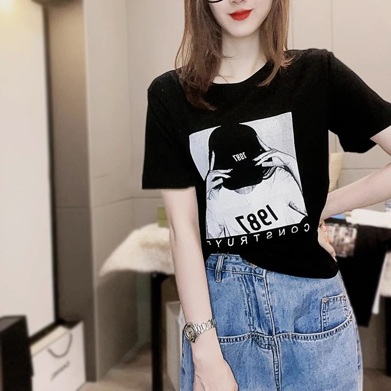 純棉短款美式復古印花短袖T恤女夏季新款少女修身顯瘦上衣