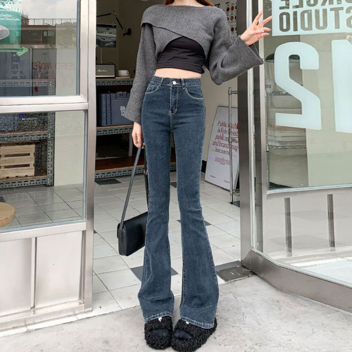 彈力時尚拖地馬蹄長褲黑色微喇牛仔褲女小個子百搭高腰喇叭褲修身