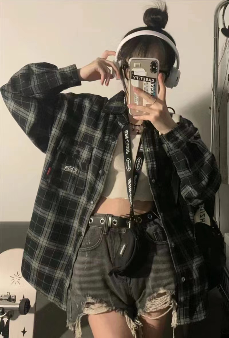 黑白格子襯衫女襯衣長袖外套女上衣春秋美式寬鬆休閒慵懶風潮