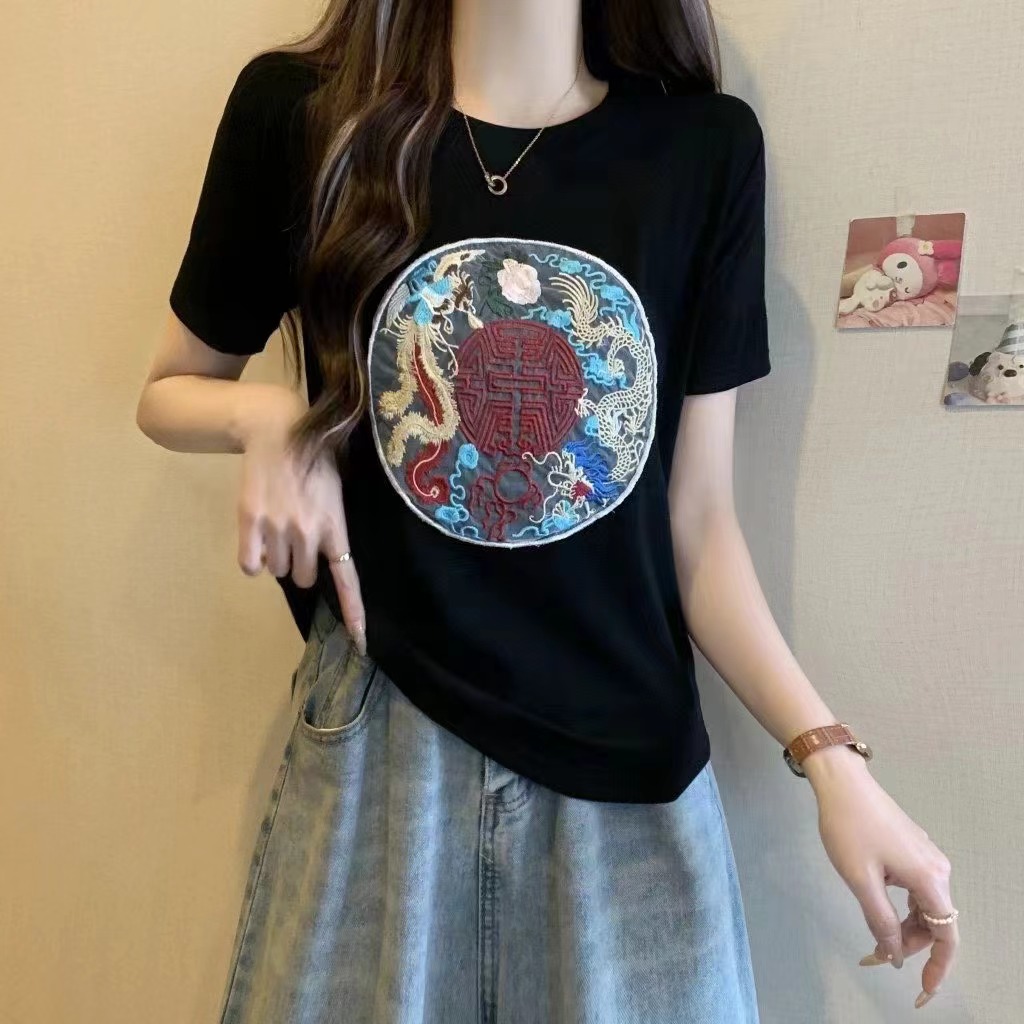 2024春夏新款新中式國風刺繡長袖T恤時尚百搭上衣女潮
