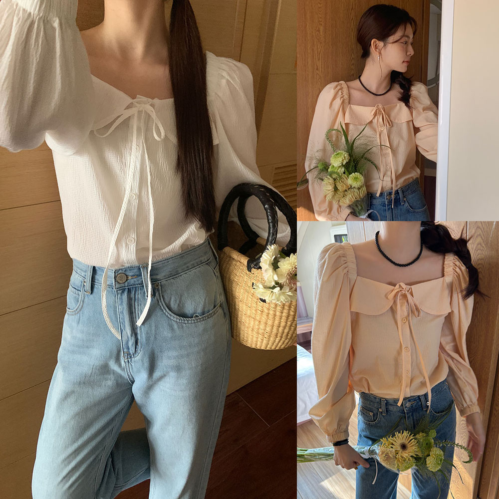 實拍 早春 韓系少女 韓系百搭減齡方領泡泡袖開衫上衣襯衫