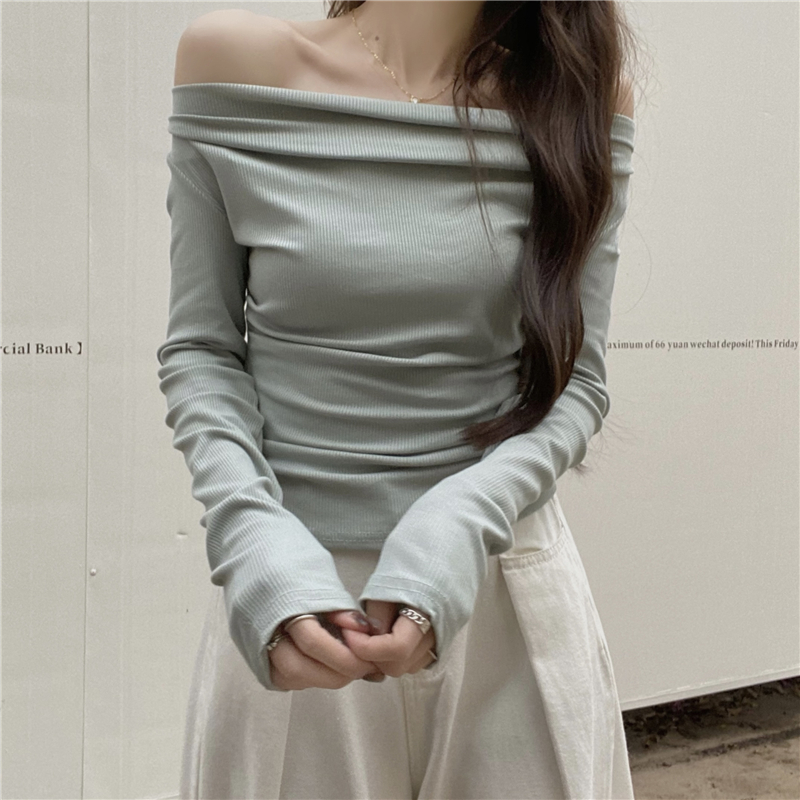 Actual shot of Pure Desire Sloping Shoulder Swing Collar Slimming Long Sleeve Bottoming T-shirt for Women