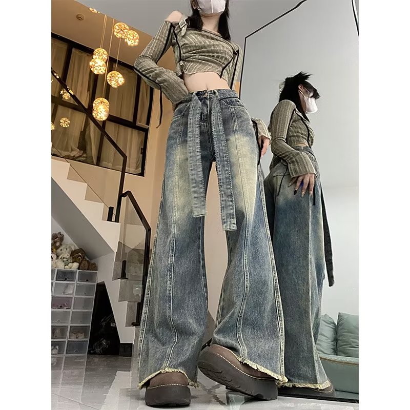 大碼高腰牛仔褲女春秋季新款寬鬆直筒復古毛邊拖地闊腿褲子