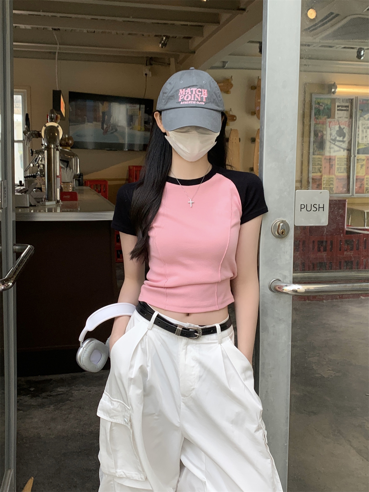 實拍 春夏韓版插肩撞色魚骨顯瘦設計感百搭純棉短袖T恤女上衣