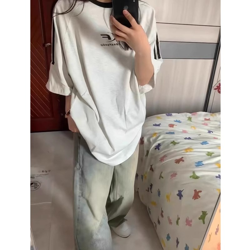 高質量純棉200克21支精梳緊密印花三條槓寬鬆大版落肩短袖恤女