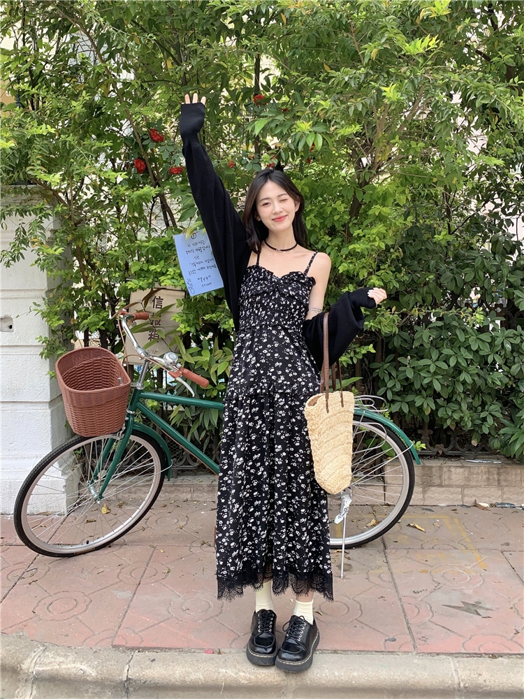 實拍~大碼設計感時尚性感小碎花吊帶連衣裙+薄款外搭防曬開衫