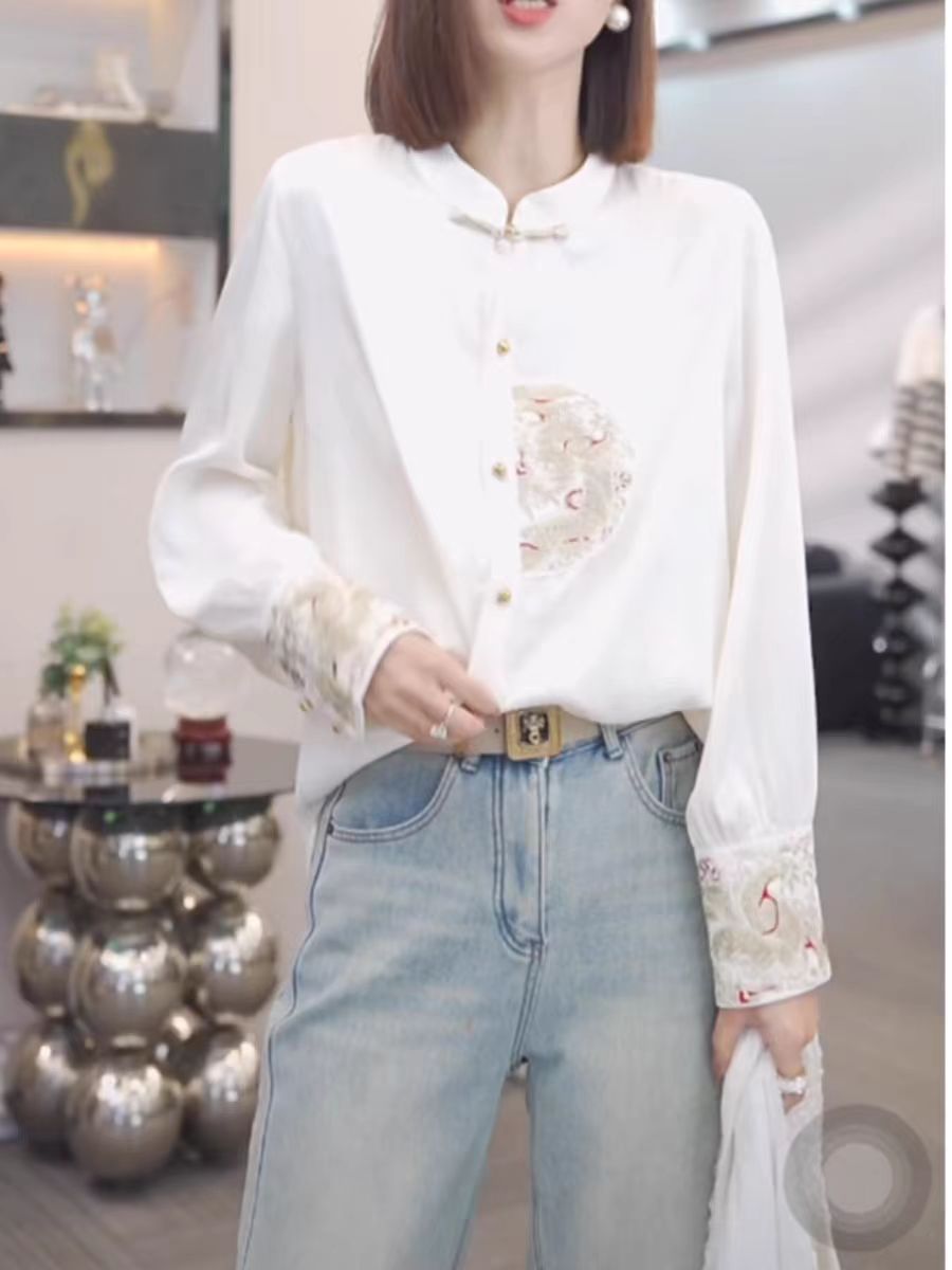 新中式國風盤扣襯衫女裝春裝2024年新款早春季上衣刺繡白襯衣長袖