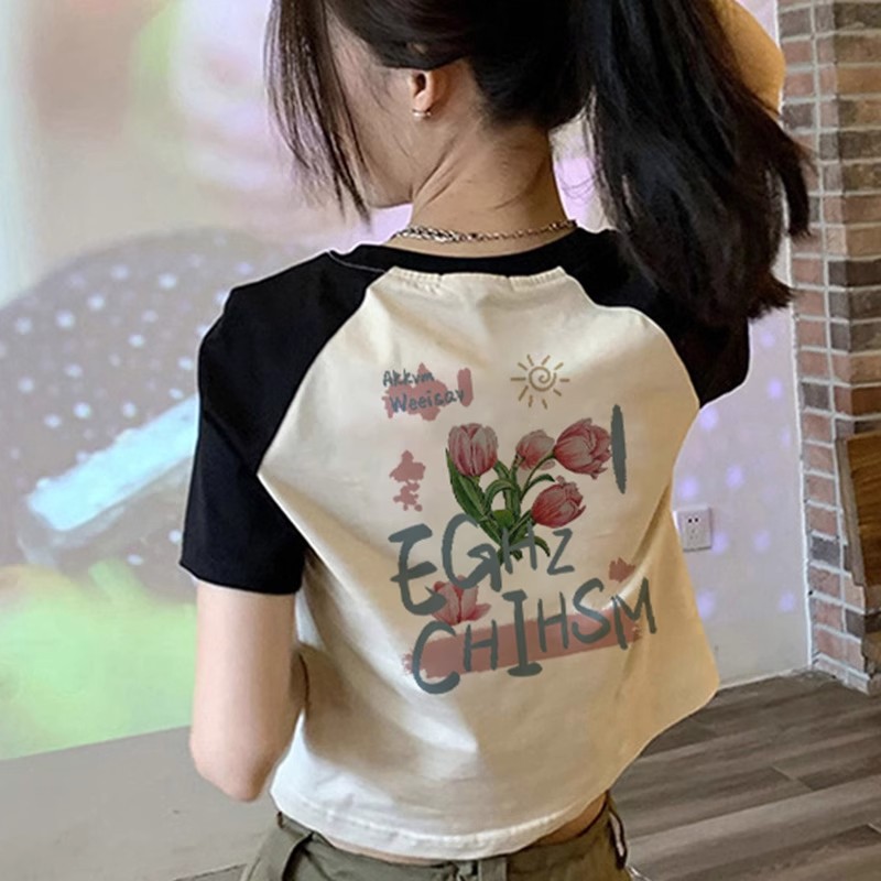 1*1純棉 高彈力撞色拼接純棉短款短袖女插肩袖辣妹露臍顯瘦體恤
