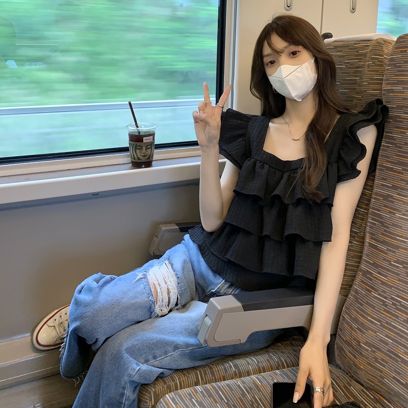 實拍 荷葉邊襯衫女夏季法式設計感別致甜美綁帶短款露肩上衣