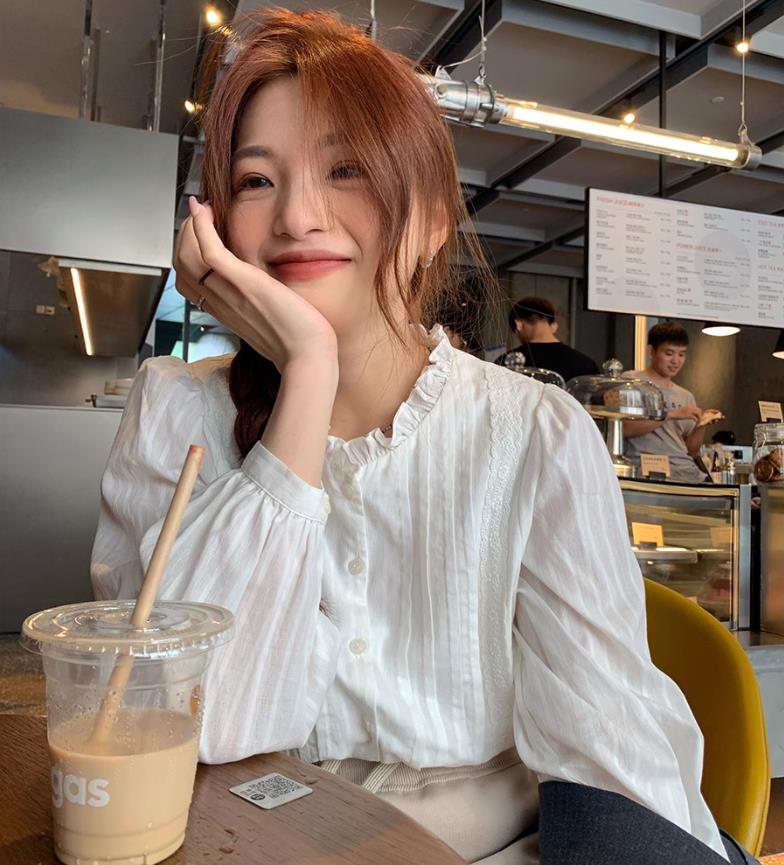 西西里安 春秋限定~法式復古暗條紋木耳邊襯衫女小個子氣質襯衣
