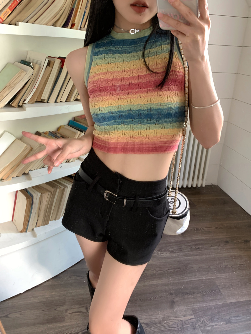實拍 彩虹漸變辣妹針織背心短款修身顯瘦度假風上衣女