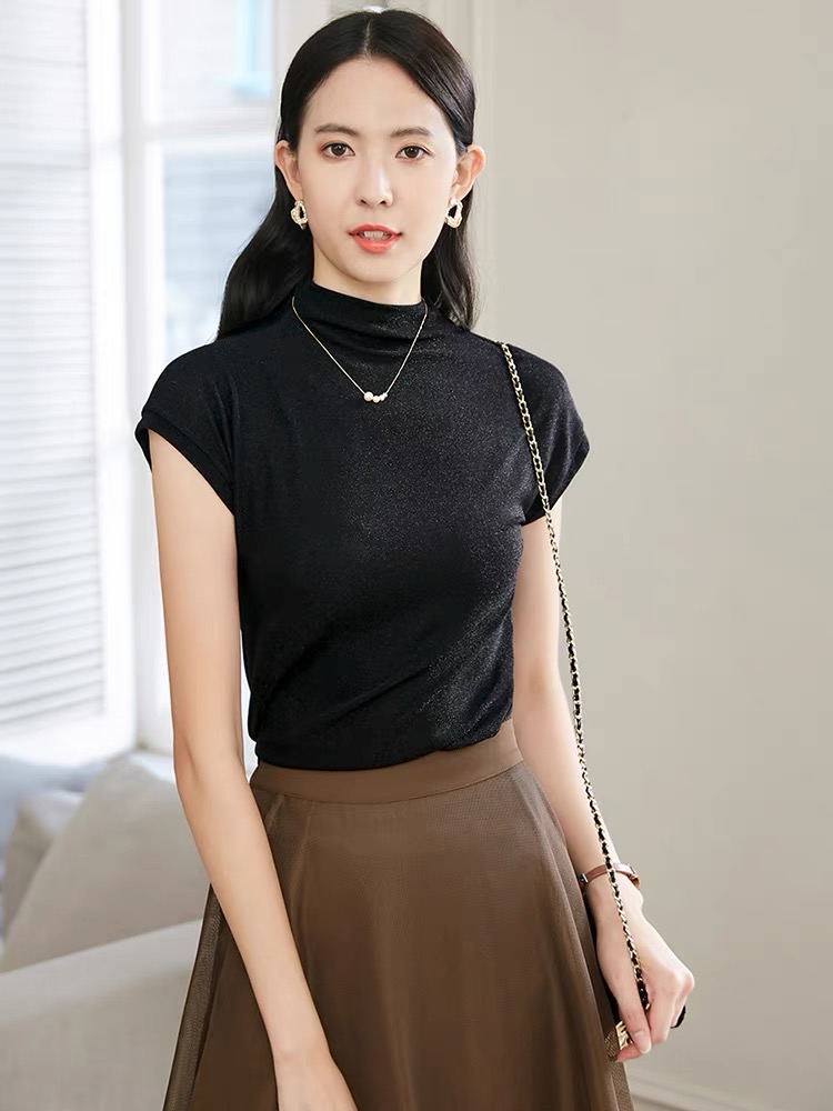 半高領螺紋短袖T恤女早春夏裝修身內搭打底衫小個子短款半袖上衣