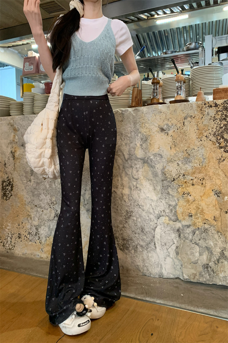 實拍~微喇叭休閒褲女印花垂感高腰褲子