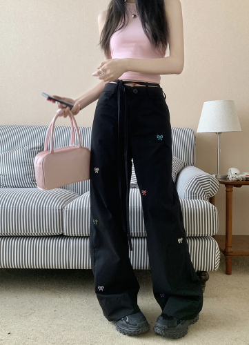 Actual shot~Large size 2024 new style bow embroidered straight wide leg pants slim overalls lace up casual pants