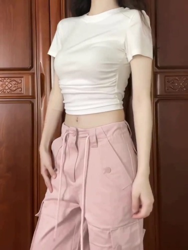 短款正肩白色T恤女装夏季设计感辣妹独特别致打底衫修身显瘦上衣