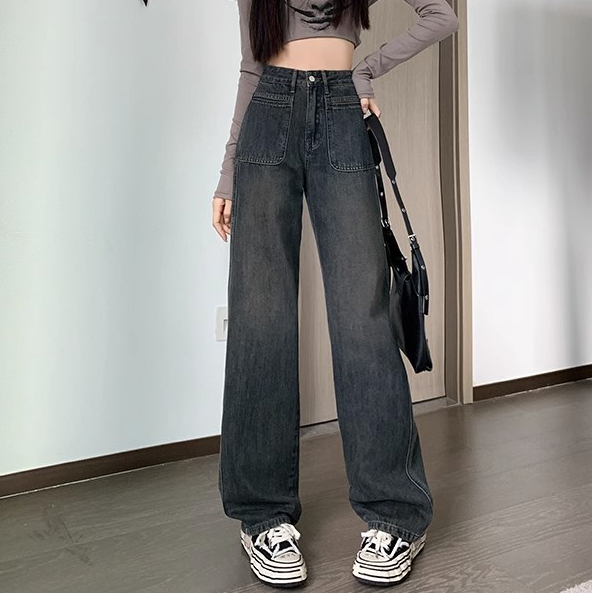 復古闊腿牛仔褲女秋季新款高腰寬鬆顯瘦百搭直筒垂感窄版拖地褲子