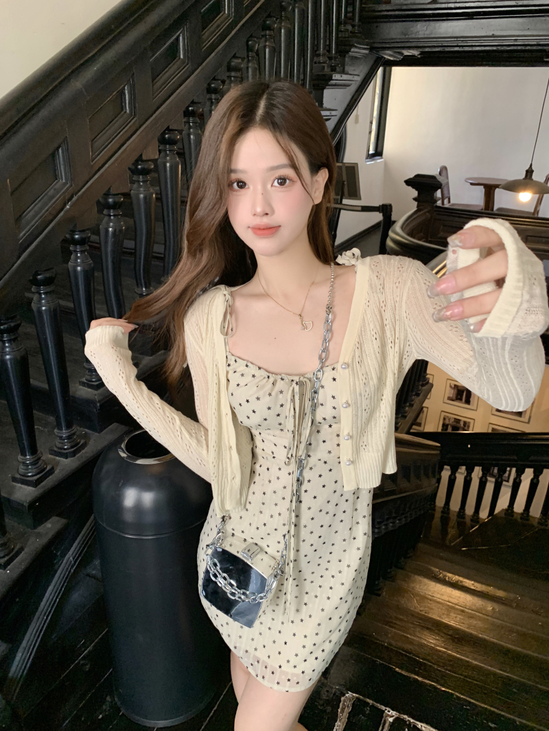 實拍 夏季防曬開衫外套+度假風波點吊帶連衣裙女