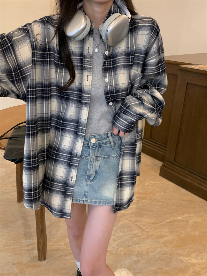 港風復古格子襯衫女款秋裝小個子襯衣外套休閒開衫上衣外搭