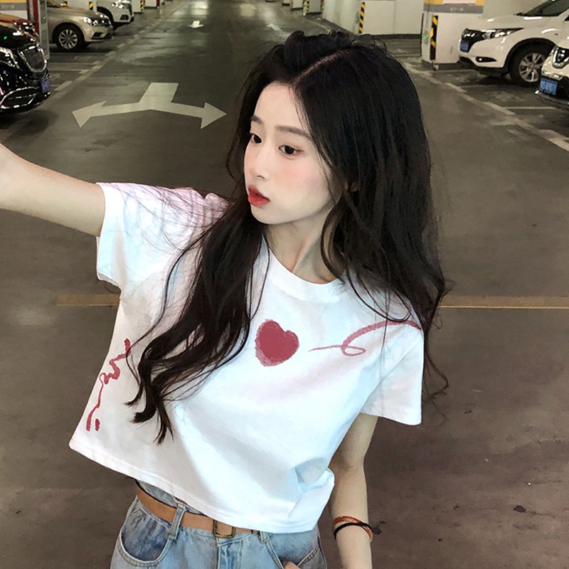 愛心印花短款正肩T恤女白色寬鬆設計感小眾短袖夏季潮牌上衣