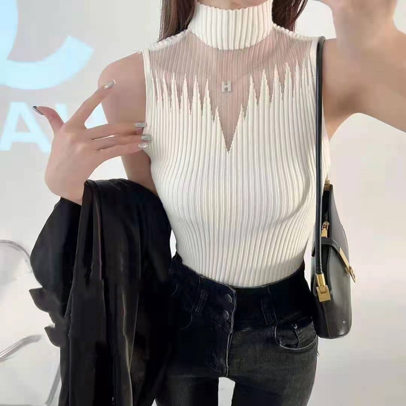 Mesh Hollow Small Camisole Women's Bottoming Shirt 2024 Spring and Autumn New Half-High Collar Sleeveless Knitted Top