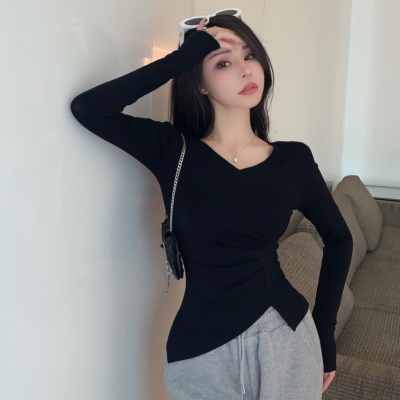 實拍V領打底衫女內搭長袖春季新款純欲不規則開叉修身掐腰t恤上衣