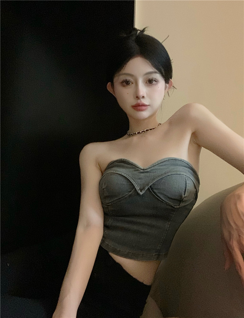 實拍 ins復古回潮洋氣辣妹百搭牛仔吊帶抹胸上衣