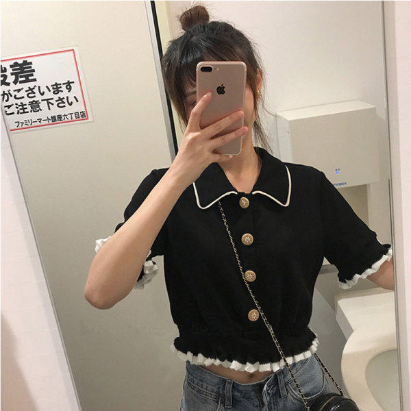 2024短袖心機t恤女設計感小眾ins潮夏季薄款短款寬鬆polo衫上衣