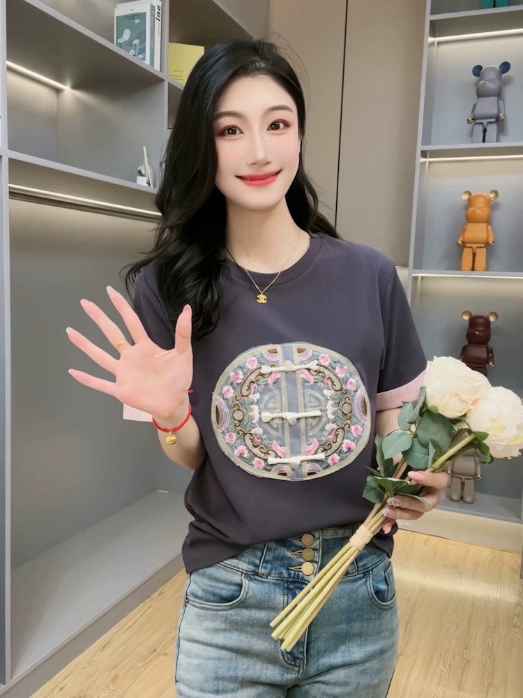 新中式國風重工刺繡圓領短袖t恤女2024夏季新款洋氣百搭打底衫潮