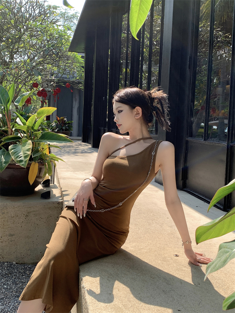 實拍 斜肩設計收腰顯瘦包臀長裙女