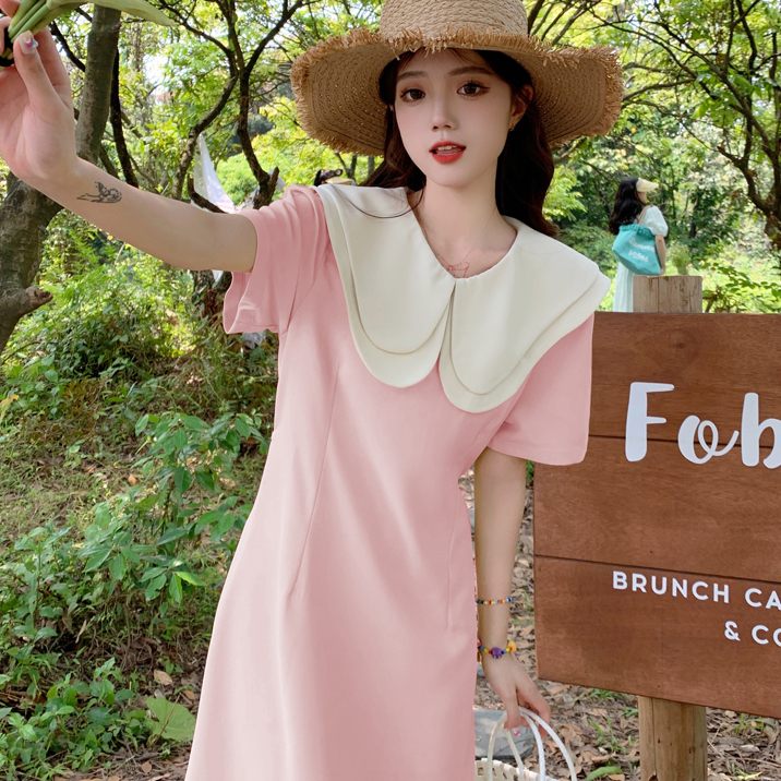 新款初夏韓版甜美減齡顯瘦長款A字短袖連衣裙時尚氣質顯瘦連衣裙