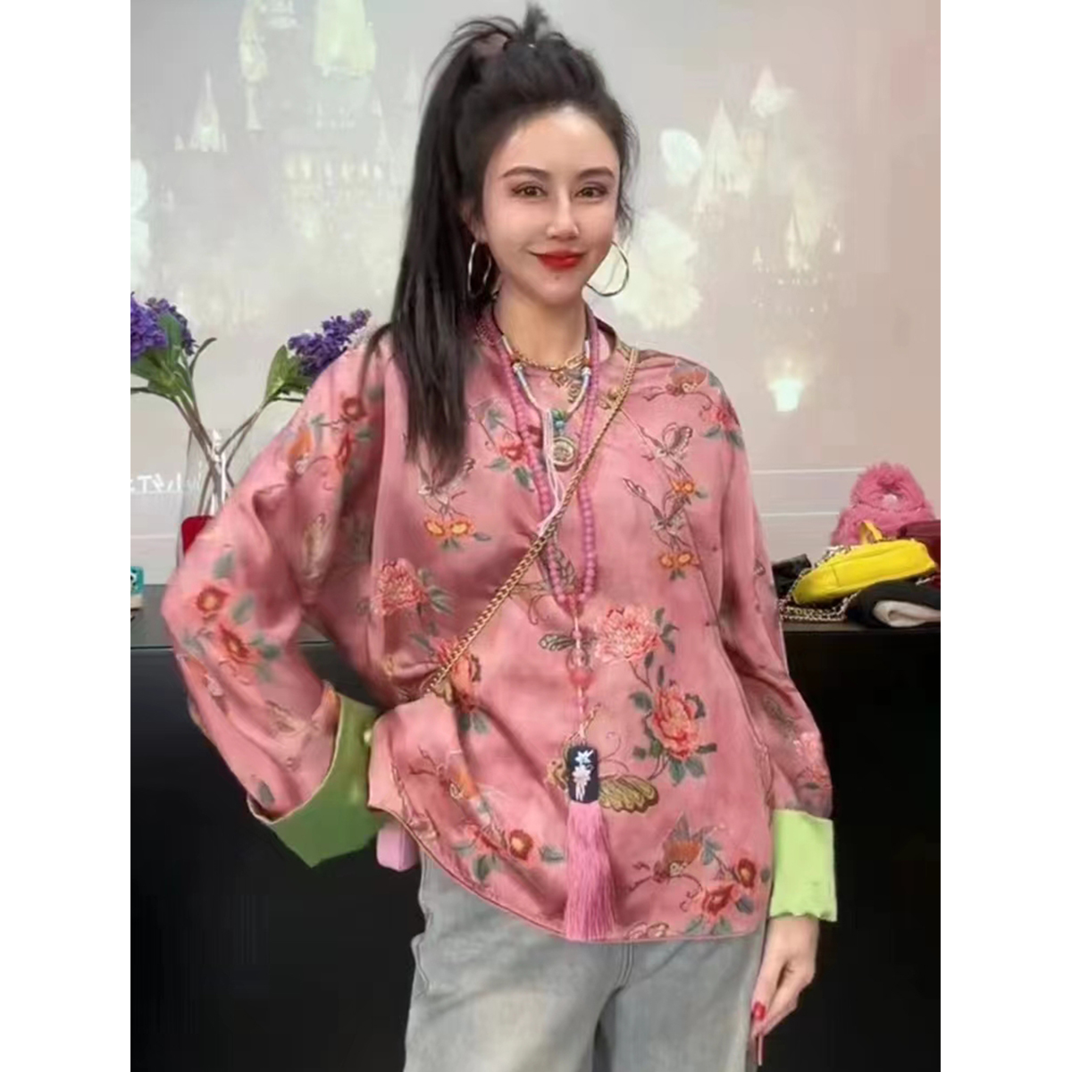 質檢官圖春秋蝴蝶印花設計感百搭長袖襯衫女國風復古休閒寬鬆上衣