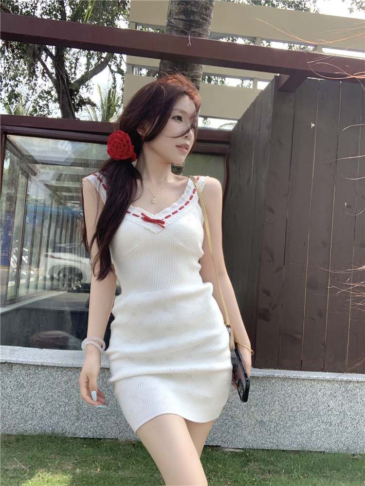 實拍~甜心辣妹蝴蝶結收腰緊身針織短款連衣裙