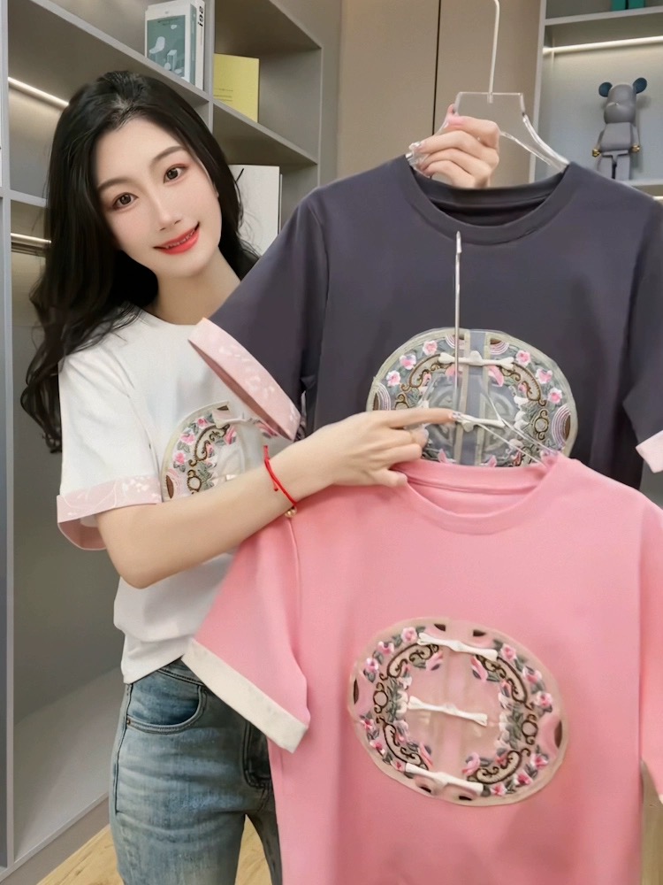 新中式國風重工刺繡圓領短袖t恤女2024夏季新款洋氣百搭打底衫潮