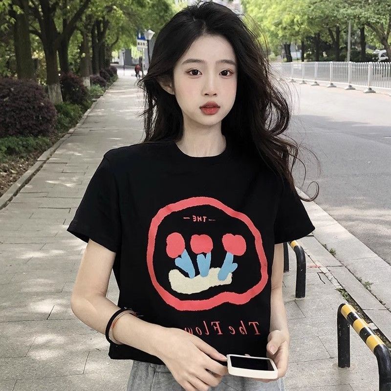 正肩短袖t恤女夏季新款印花顯瘦歐貨獨特别致純棉短上衣