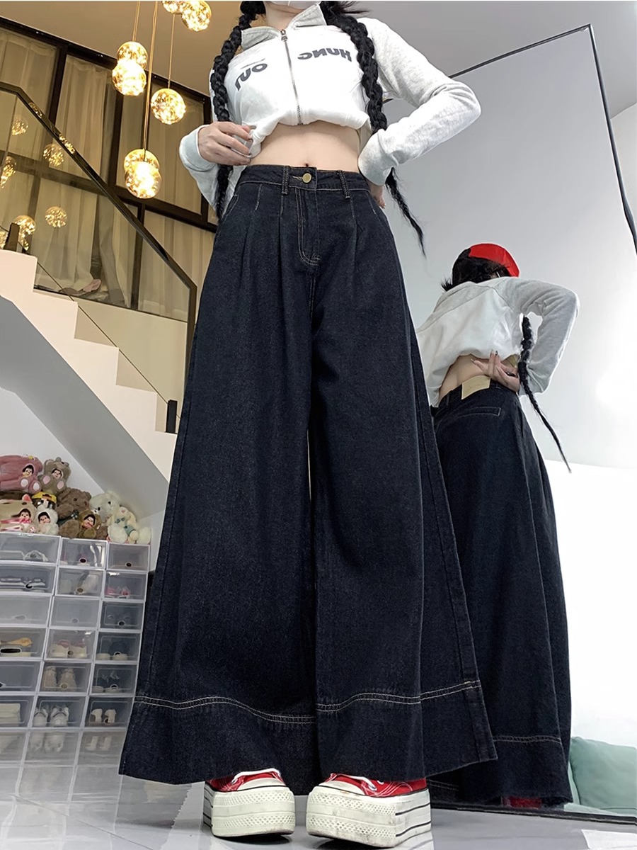 大碼復古黑色牛仔褲女春秋2024年新款胖mm寬鬆顯瘦高腰直筒闊腿褲
