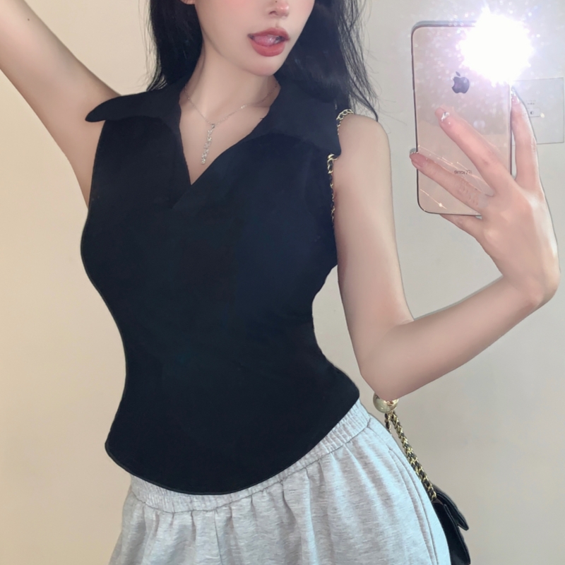 實拍 韓版polo領基礎款美式吊帶背心辣妹短款無袖修身百搭上衣女