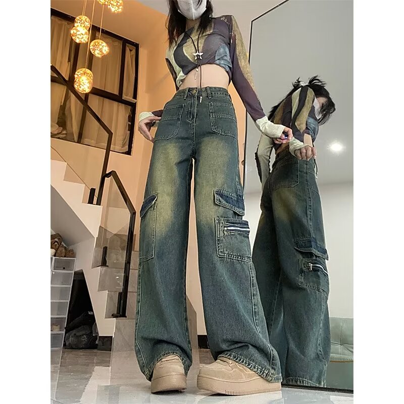 大碼美式高街工裝牛仔褲女春秋胖mm寬鬆顯瘦高腰直筒闊腿拖地褲子