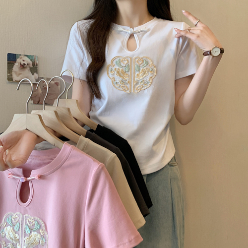 Actual shot of 2024 summer new style fat mm large size high-end national style heavy industry embroidery pleated short-sleeved T-shirt women's tops