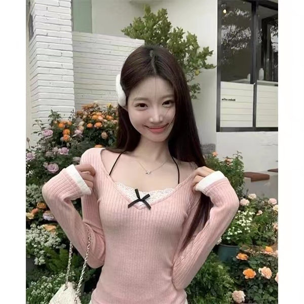 芭蕾風假兩件掛脖針織T恤女早春花邊毛衣純欲內搭短款打底衫上衣