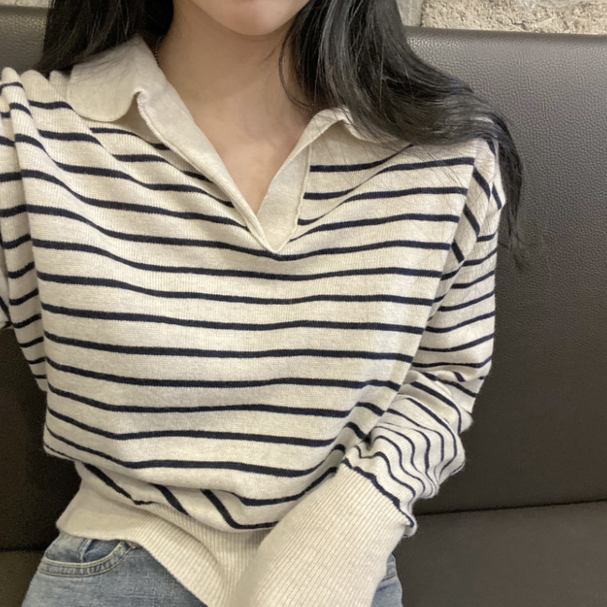實拍大碼 韓國ins春秋polo領針織條紋小翻領上衣寬鬆百搭大碼女裝