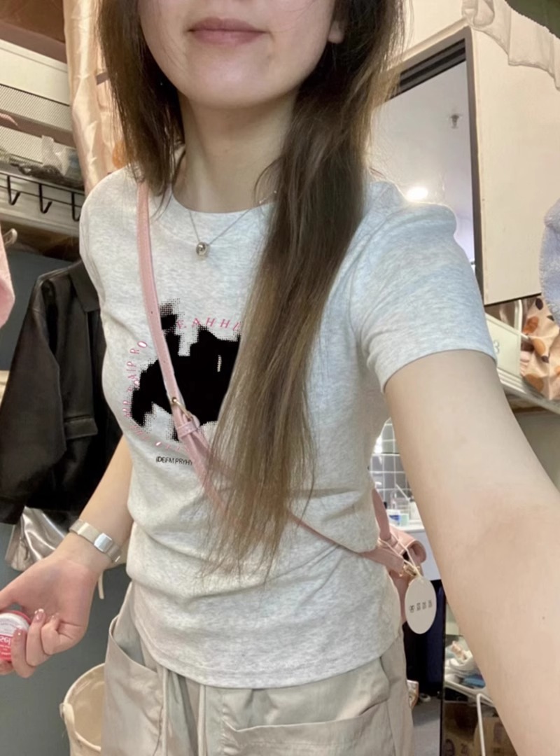 純棉210克40支奧代爾帶彈力直播品質前 印花修身短袖t恤女