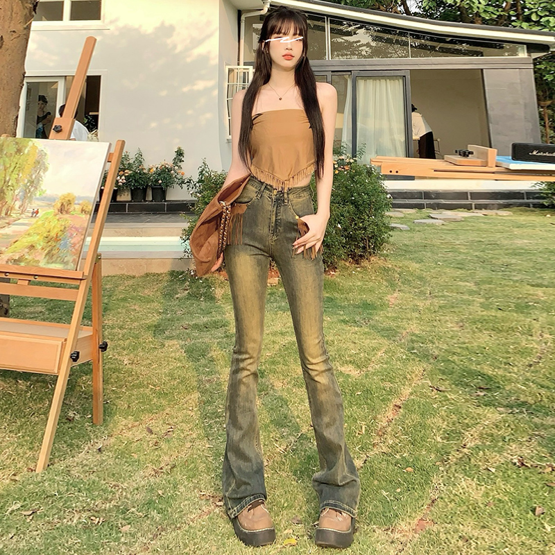 實拍~多巴胺少女+YKK 前口袋流蘇港味微喇叭牛仔長褲水泥黃潮