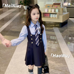Girls' JK Set Spring and Autumn 2024 New Stylish Trendy College Style Children's Strap Dress Shirt Two-Piece Set